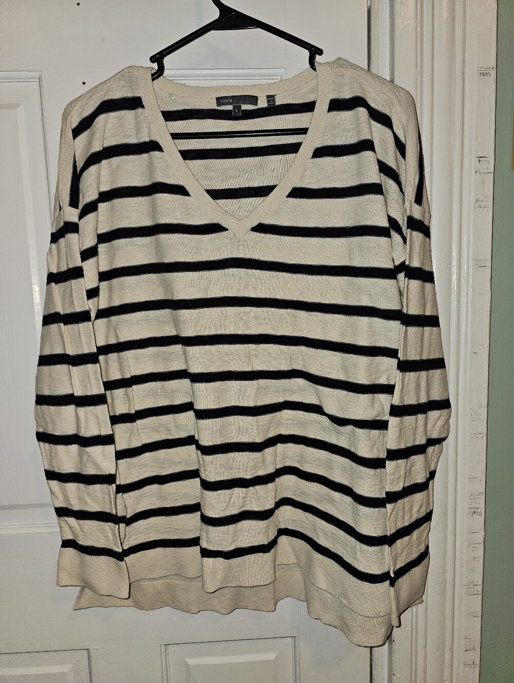 Vince Black and Cream Striped V-Neck Sweater
